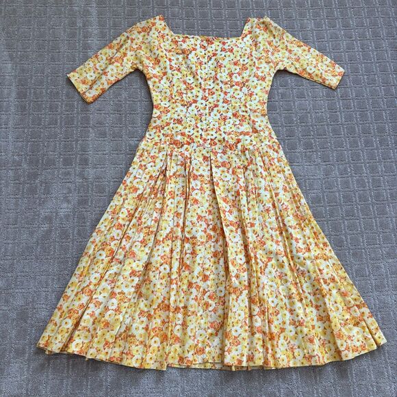 VTG Spring Floral Party Dress Bow Women's 15 / 6 Yellow Orange 1950s 60s Cottage - Picture 3 of 10